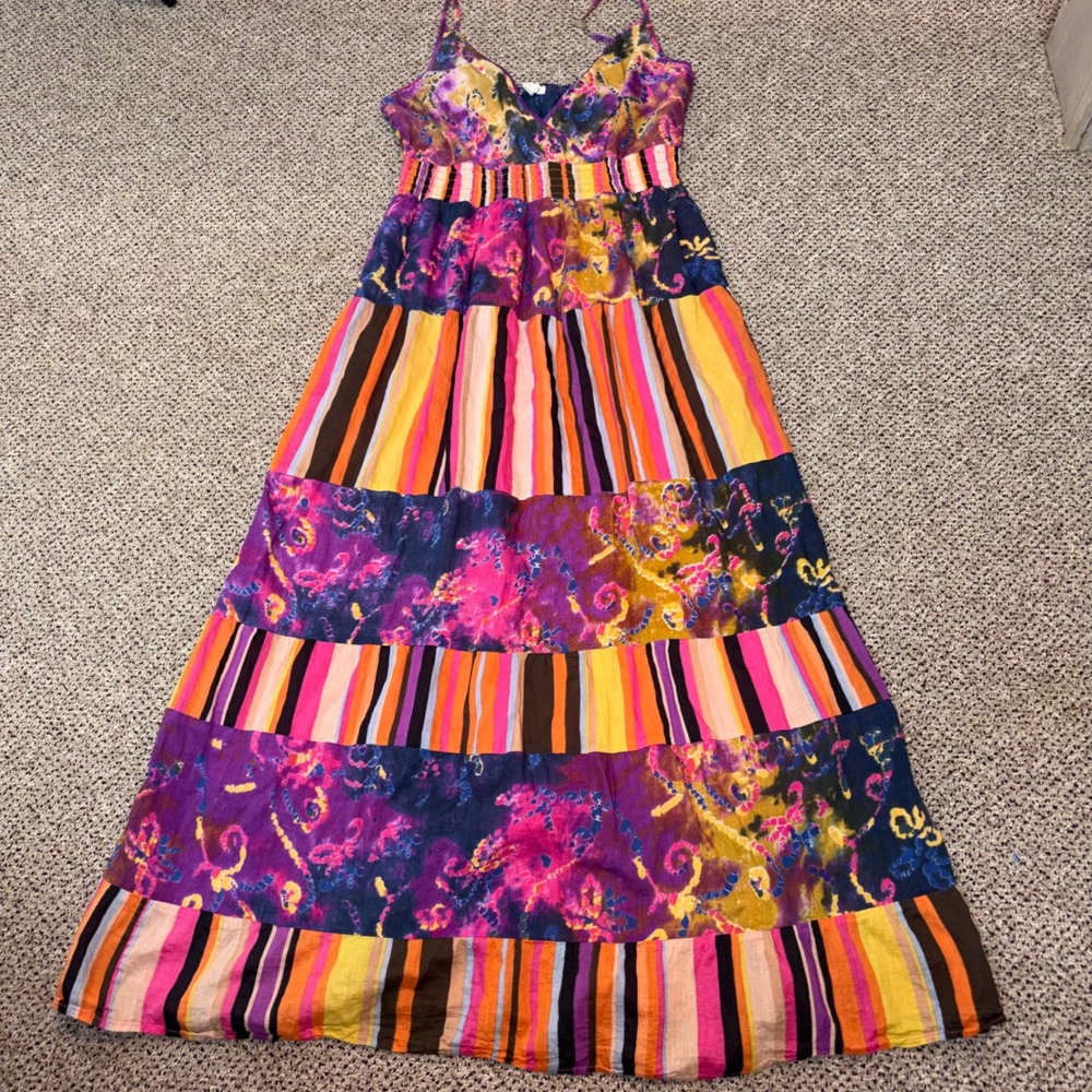 O Established Womens Small Patchwork Tie Dye Striped Maxi Dress Smocked Waist